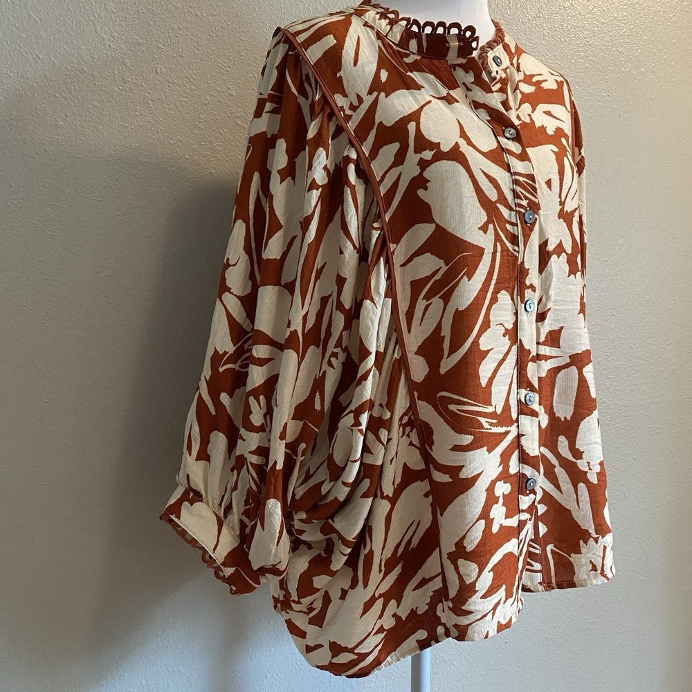 Entro Floral 3/4 Balloon Sleeve Button Down Blouse Rust Ivory Small Boutique - Picture 8 of 12